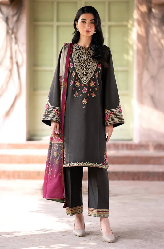 Jazmin - 3PC Unstitched Dhanak Embroidered Shirt with Printed Pashmina Wool Shawl and Embroidered Trouser - NP1189