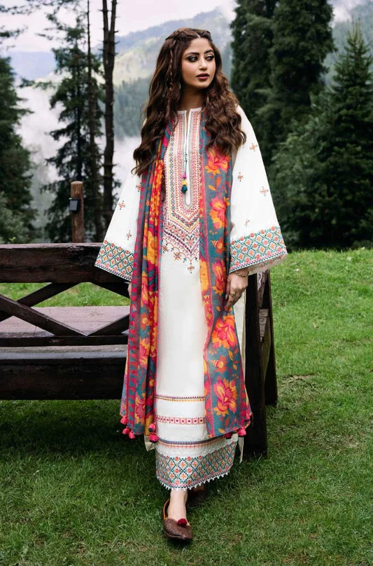 Sapphire - 3 PC Unstitched Khaddar Embroidered Shirt with Printed Pashmina Wool Shawl and Trouser - NP1218