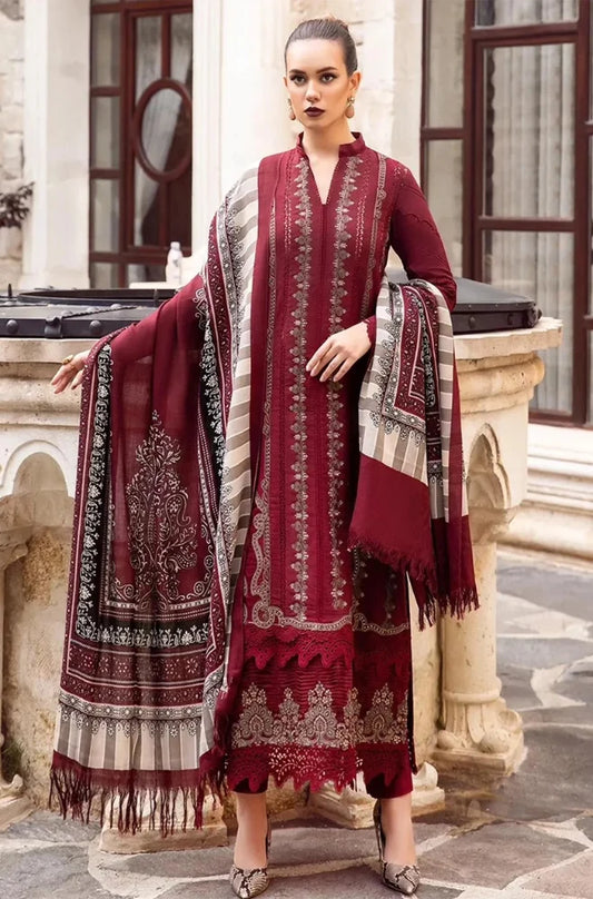 Maria B - 3PC Unstitched Dhanak Embroidered Shirt with Printed Wool Shawl and Trouser - NP1253