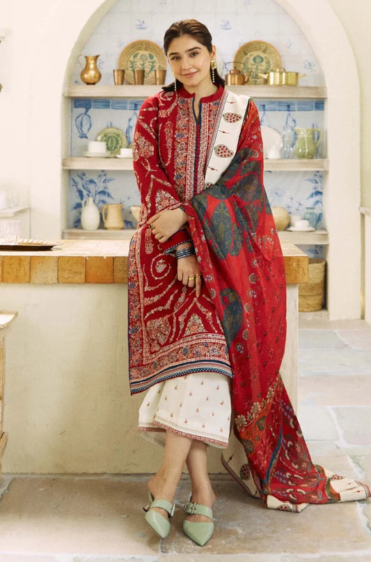 Zara Shah Jahan - 3PC Unstitched Dhanak Embroidered Shirt with Digital Printed Pashmina Wool shawl and Embroidered Trouser